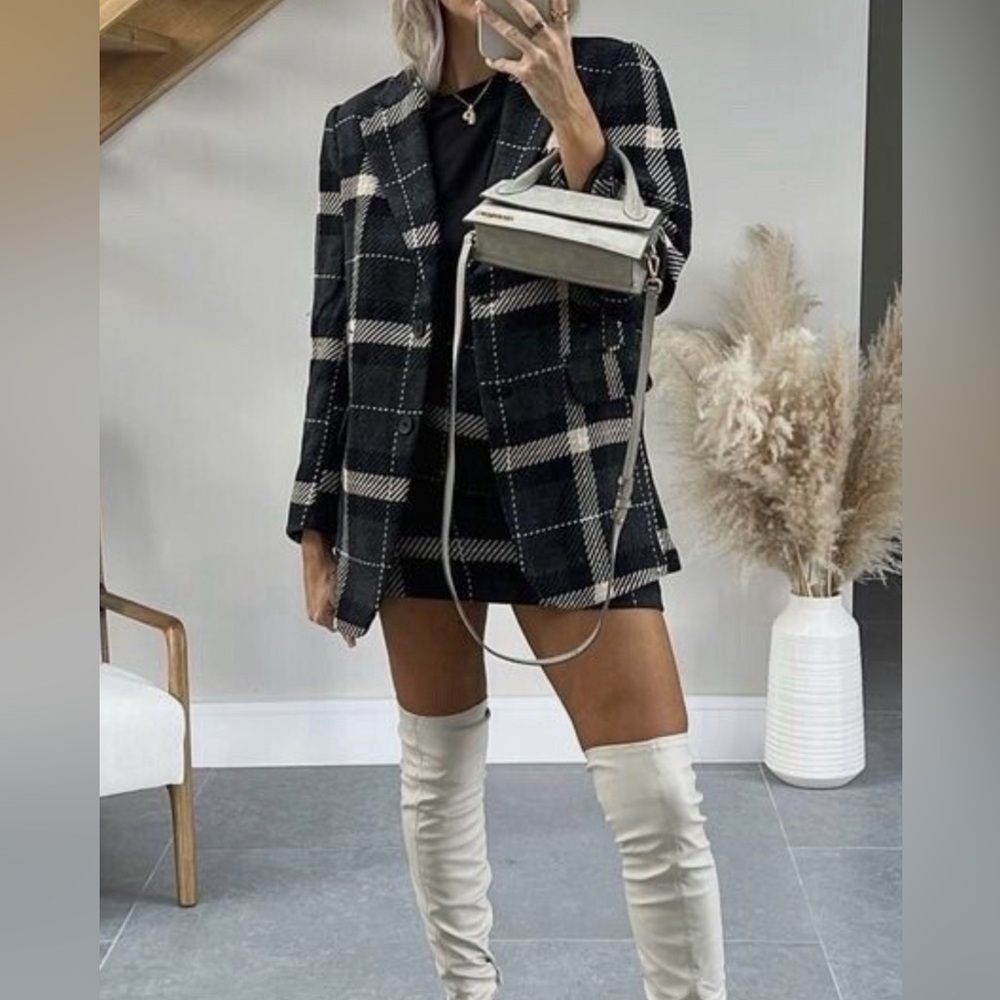 H&M Black and White Plaid Blazer Jacket